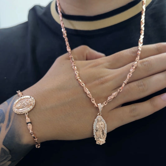 Conjunto cadena y pulsera virgen de Guadalupe en tejido dubai